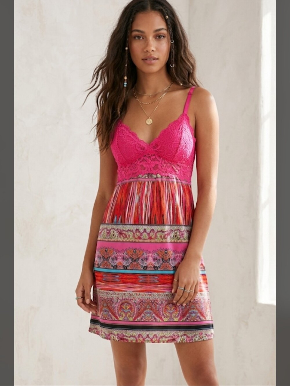 Pink Lace-Top Printed Luxury Mini Dress/nightgown